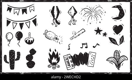 Festa Junina icon set. Vectors in woodcut style Stock Vector