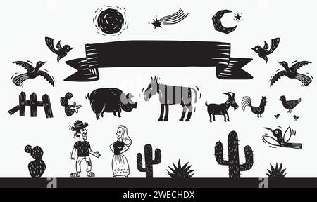 Set of woodcut icons. Vectors in woodcut style Stock Vector