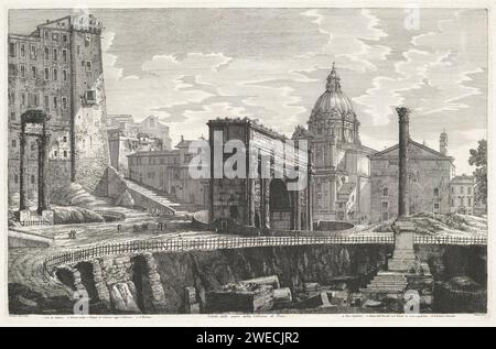 The column of Phocas on the Romanum forum, Luigi Rossini, 1822 print View of the Romanum forum in Rome with the column of Phocas in the foreground. In the background the arch of Septimius Severus and the Chiesa dei Santi Luca e Martina. Rome paper etching landscape with ruins. triumphal arch Roman forum. Rome. Boog van Constantine Stock Photo