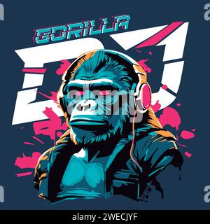 gorilla dj, rave electronic animal, gorilla with headphones and headphones vector illustration for t-shirt design Stock Vector