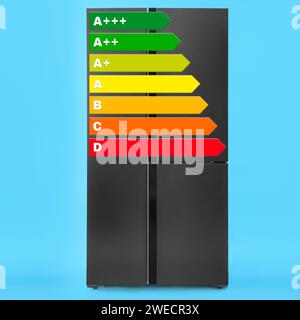 Energy efficiency rating label and refrigerator on light blue background Stock Photo