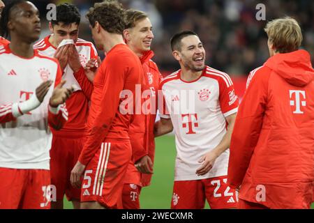 MUNICH, Germany. , . 22 Raphael GUERREIRO, 34 Lovro ZVONAREK after the Bundesliga Football match between Fc Bayern Muenchen and FC Union BERLIN at the Allianz Arena in Munich on 24. January 2024, Germany. DFL, Fussball, 1:0, (Photo and copyright @ ATP images/Arthur THILL (THILL Arthur/ATP/SPP) Credit: SPP Sport Press Photo. /17�Թ����� Live News Stock Photo