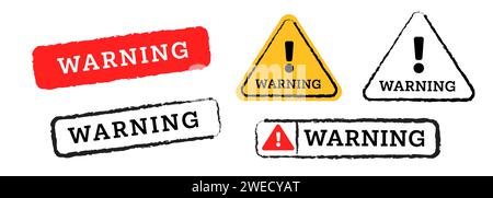 Warning sign stamp symbol rubber stamp seal exclamation mark red black and yellow set collection Stock Vector
