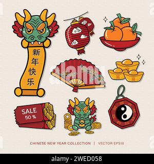 Cute Chinese lunar new year element vector flat design collection set for 2024 year of dragon, foreign text translation as happy new year Stock Vector