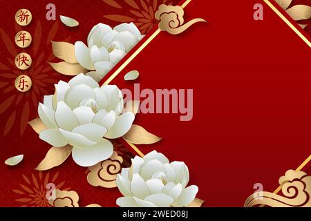 Chinese new year red background with white peony flower decoration and copy space for text, foreign language translation as happy new year Stock Vector