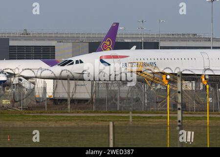 London, UK. 24th Jan, 2024. A retired British Airways Concorde seen parked at Heathrow Airport, London. (Photo by Tejas Sandhu/SOPA Images/Sipa USA) Credit: Sipa USA/Alamy Live News Stock Photo