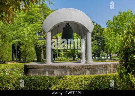 Bell of Peace located in Hiroshima Peace Memorial Park in Hiroshima, Japan Stock Photo