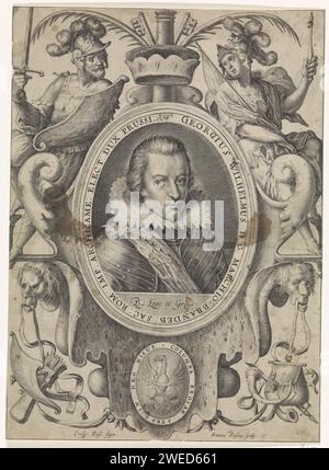 Portrait of Georg Wilhelm, Elector of Brandenburg, Simon van de Passe, After Crispijn van de Passe (I), 1615 print Portrait of Georg Wilhelm, Elector of Brandenburg and Duke of Prussia, underneath his motto in Latin. The portrait is caught in an ornamental frame with allegorical figures, the coat of arms of the portrayed person and an edge with the name and function of the portrayed person in Latin. Print from a series with Emperor Matthias and Elector of the Holy Roman Empire. Utrecht paper engraving Stock Photo