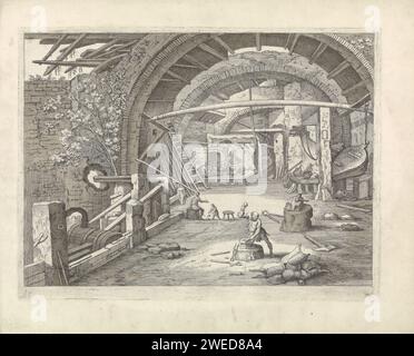 Smederij, Willem van Nieulandt (II), After Paul Bril, 1594 - 1635 print In a forge, the blacksmith refers to the anvil. There are different tools on the ground. On the left is a boy next to a small child. On the right on the side is a large bladder ball. There are parts of a harness in the foreground.  paper etching / brush smith, blacksmith (+ place  crafts, industries, agriculture) Stock Photo