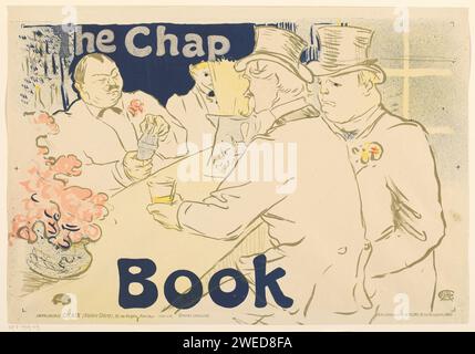 Poster for the American magazine The Chap Book, Henri de Toulouse-Lautrec, 1895 print Sitting on a bar and standing two men with a hat, one of them holds a glass. A bartender mixes a drink. Paris paper  drinking. inn, coffee-house, public house, etc.. alcoholic drinks. adult man. sitting figure Irish and American Bar Stock Photo
