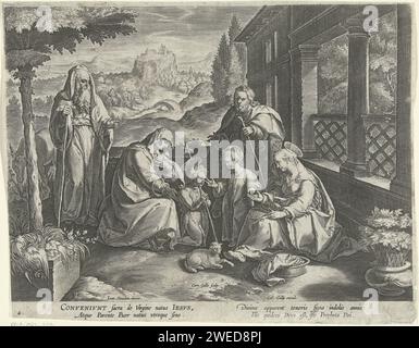 H. family with Elisabet, Zacharias and Johannes de Boper, Cornelis Galle (I), After Jan van der Straet, c. 1620 - c. 1625 print The Holy Family together with Elisabet, Zacharias and Johannes de Baptist as a child. John kneels for the young Christ. His lamb lies on the ground for Maria. Under the show a Latin verse. print maker: Southern Netherlandspublisher: Antwerp paper engraving Holy Family visiting Elisabeth on the return journey Stock Photo