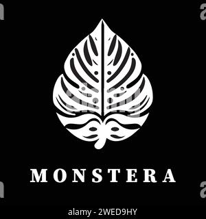 Monstera leaf logo design vector illustration in black and white Stock Vector