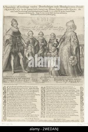 Portrait of Frederik V van Bohemen, his wife Elisabeth Stuart and their five children, Willem van de Passe, 1621 print Portrait of Frederik V, his wife Elisabeth Stuart, King and Queen of Bohemen, and their five children: Hendrik Frederik, Karel I Lodewijk, Elisabeth, Ruprecht and Maurits van de Palats. In heaven the tetragram with the name of God and a two -line Bible quotation from PS. 132 in English. In the margin the names and function of the portrayed people in English. Under the print a forty -line poem, in two columns, in Dutch. London paper engraving / letterpress printing tetragram (i Stock Photo