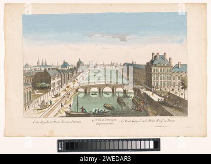 View of the Pont Royal over the Seine River in Paris, seen towards the Pont Neuf, Jean -François Daumont, 1745 - 1775 print On the right the Palais des Tuileries. In the title numbered: 45. publisher: Parisprint maker: France paper. watercolor (paint) etching / brush bridge in city across river, canal, etc. (+ city(-scape) with figures, staffage). rowing-boat, canoe, etc.. palace Pont Royal. PONT NEXT. SINES. Tuileriep-palpal Stock Photo