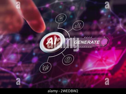 3D rendering illustration , AI artificial intelligence , image generate button on network blurred background , AI artificial intelligence technology c Stock Photo