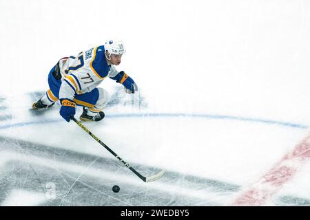 Los Angeles, USA. 24th Jan, 2024. Ice hockey, professional league NHL, Los Angeles Kings - Buffalo Sabres, main round, crypto.com Arena. National field hockey player JJ Peterka of the Buffalo Sabres handles the puck. Credit: Maximilian Haupt/dpa/Alamy Live News Stock Photo