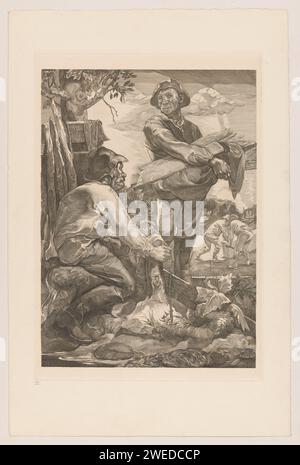 Two workers with rope and shelves, Johannes Josephus Aarts, 1881 - 1934 print Two workers with hats, one sitting and the other standing. The sitting man binds a rope around a tree trunk. The standing man holds a stack of demolition wood. In the background, two workers pry with a rod under a rectangular object. On this seventh state of the engraving, the face of the sitting man has been replaced.  paper engraving working class, labourers. plank, board  building material. tools, aids, implements  crafts and industries: rope Stock Photo