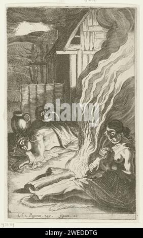 Germanic night scene, Simon Frisius, 1616 print Mother with child on the chest next to a campfire. Two men are on the floor in front of a wooden house. A sickle -shaped moon is visible on the horizon. Northern Netherlands paper etching sacrifice  Germanic and Scandinavian religions Stock Photo