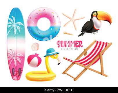Summer icons elements vector set design. Summer elements like surfboard, floaters, toucan, flamingo and chair for seasonal tropical objects and icons Stock Vector