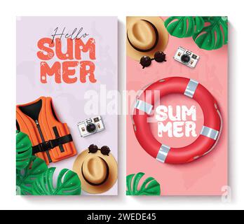 Summer hello greeting vector poster set. Hello summer greeting collection with lifejacket, lifebuoy and hat travel vacation elements. Vector Stock Vector
