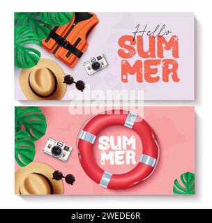Hello summer text vector banner set. Summer hello greeting with travel and vacation elements for tropical season banner design collection. Vector Stock Vector
