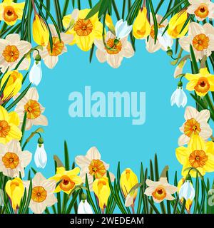 Square floral frame frame with daffodils, snowdrops, crocuses. Stock Vector