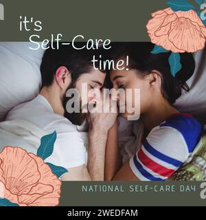 Composition of it's self-care time text over diverse couple sleeping in bed on black background Stock Photo