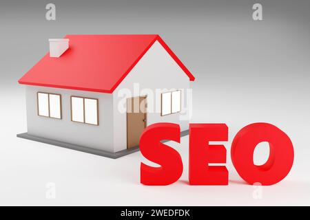 Luxury red inscription seo on grey podium, soft light, front view smooth background, 3d rendering Stock Photo