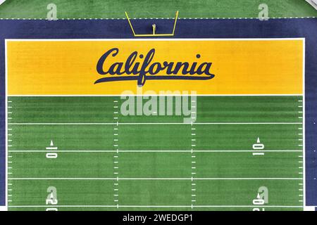 The California Golden Bears logo at midfield of California Memorial Stadium Football field end zone on the campus of University of California, Berkeley, Sunday, Dec. 31, 2023, in Berkeley, Calif. Stock Photo