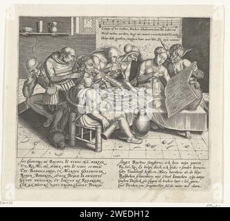 Bacchus Zangers, Anonymous, After Jan Verbeeck, 1580 print A group of eight foolish people, the Bacchus singers, sings and makes music around a table in an inn. A woman blows on an animal leg, a man blows on a long drinking glass. On the right a fool, a puke man squats on the left. On the table an open music book with musical notes in the form of food and drink. With caption of 6 lines in French and 6 lines in Dutch. Above the first three lines of the song with nut bar. Low Countries paper engraving vocal music, singing. inn, coffee-house, public house, etc.. fool, simpleton, numskull Stock Photo