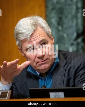 Washington, Vereinigte Staaten. 24th Jan, 2024. United States Senator Sheldon Whitehouse (Democrat of Rhode Island), Chair, US Senate Committee on the Budget presides over a Senate Committee on the Budget hearing to examine how the climate crisis threatens ocean industries, in the Dirksen Senate Office Building in Washington, DC, Wednesday, January 24, 2024. Credit: Rod Lamkey/CNP/dpa/Alamy Live News Stock Photo