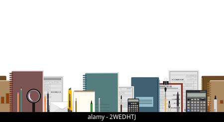 Books, notebooks and stationery. Horizontal seamless composition. Isolated on white background. Funny cartoon style. Picture vector Stock Vector