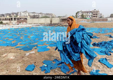 Dhaka, Bangladesh. 19th Jan, 2024. A worker of a tannery from Hazaribagh puts leather pieces to dry that were previously painted on Filed out in the open as part of process of leather tanning before the shoes manufacture. Tanning consists of the hides being soaked, then in order to eliminate the salt in a solution of lime and water to soften the hair and eliminate them using a machine, then the residues are removed by hand with a blunt knife. On January 24, 2024 In Dhaka, Bangladesh. Photo by Habibur Rahman/ABACAPRESS.COM Credit: Abaca Press/Ģ����ý Live News Stock Photo