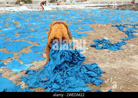 Dhaka, Bangladesh. 19th Jan, 2024. A worker of a tannery from Hazaribagh puts leather pieces to dry that were previously painted on Filed out in the open as part of process of leather tanning before the shoes manufacture. Tanning consists of the hides being soaked, then in order to eliminate the salt in a solution of lime and water to soften the hair and eliminate them using a machine, then the residues are removed by hand with a blunt knife. On January 24, 2024 In Dhaka, Bangladesh. Photo by Habibur Rahman/ABACAPRESS.COM Credit: Abaca Press/Ģ����ý Live News Stock Photo