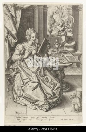 Allegory on the vanity (young lady with mirror and putto), Jacques de Gheyn (II), 1595 - 1596 print Vanitas performance in the form of a woman, dressed in precious clothing, herself admiring in a hand mirror, a dog on her feet, a monkey on her feet. On the table next to her jewelry and a board game. A putto climbs through the window behind the lady with a banderol stating 'Vanitas Vanitatum, Est Omnia vanitas'. Under the performance two lines of text in Latin.  paper engraving 'Vanitas' symbols. (woman) looking in a mirror  scene symbolizing 'Vanitas' Stock Photo