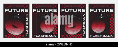 Y2k techno vibe banners set with geometric design elements. Vector realistic illustration of retrowave aesthetic posters, red wireframe torus, globe on black background, retro futuristic vibe flyers Stock Vector