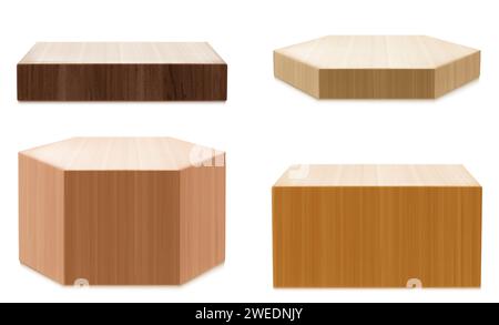 3D set of wooden platforms isolated on white background. Vector realistic illustration of square and hexagonal stages for beauty product presentation, award design, showcase stand, furniture material Stock Vector
