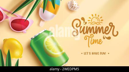 Summer time text vector design. Summer time greeting with tropical drinks soda, cola and juice in can  elements for beach vacation. Vector Stock Vector