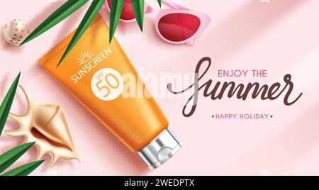 Summer sunscreen protection vector banner. Summer sunblock lotion products advertisement for tropical season brochure promotion design. Vector Stock Vector