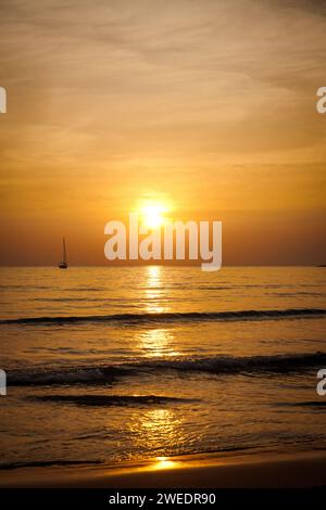 Closeup sea sand beach. Panoramic beach landscape. Inspire tropical beach seascape horizon. Orange and golden sunset sky calmness tranquil relaxing su Stock Photo