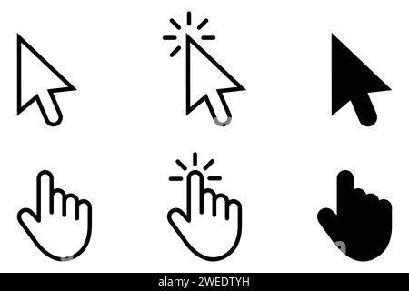 Computer mouse click cursor gray arrow icons set, loading icons. Cursor flat icon. Vector illustration. Collection. Clicking hand finger icon pointer. Stock Vector