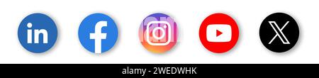 Social media app icon set. LinkedIn, Facebook, Instagram, Youtube and X, former Twitter. Circle flat button with dropped shadow vector icons. Stock Vector