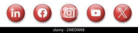 Social media app icon set. LinkedIn, Facebook, Instagram, Youtube and X, former Twitter. Circle glossy button with dropped shadow vector icons. Stock Vector