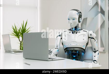 A humanoid robot works in an office on a laptop, artificial intelligence, business and automation concept Stock Photo