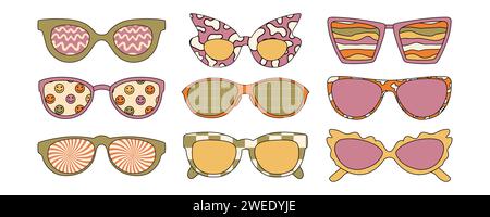 Groovy hippie sunglasses set. Vector illustrations isolated on white background Stock Vector