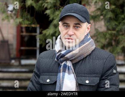 KYIV REGIN, UKRAINE - JANUARY 24, 2024 - Acting Head of the State Judicial Administration of Ukraine Maksym Pampura is seen during the signing ceremony of the Protocol for Cooperation in the Reconstruction of the Borodianka District Court in Kyiv region, destroyed by Russian shelling, Borodianka, Kyiv region, north-central Ukraine. Stock Photo