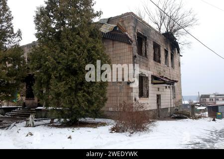 KYIV REGIN, UKRAINE - JANUARY 24, 2024 - The district court building damaged by Russian shelling, outside of which the ceremony of signing the Protocol for Cooperation in Reconstruction of the Borodianka District Court in Kyiv region took place, Borodianka, Kyiv region, north-central Ukraine. Stock Photo