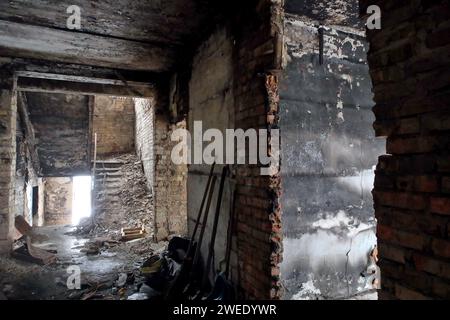 KYIV REGIN, UKRAINE - JANUARY 24, 2024 - The district court building damaged by Russian shelling, outside of which the ceremony of signing the Protocol for Cooperation in Reconstruction of the Borodianka District Court in Kyiv region took place, Borodianka, Kyiv region, north-central Ukraine. Stock Photo