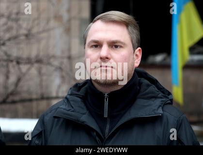 KYIV REGIN, UKRAINE - JANUARY 24, 2024 - Head of the Kyiv Regional Military Administration Ruslan Kravchenko is seen during the signing ceremony of the Protocol for Cooperation in the Reconstruction of the Borodianka District Court in Kyiv region, destroyed by Russian shelling, Borodianka, Kyiv region, north-central Ukraine. Stock Photo