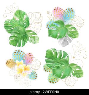 Set of watercolor illustrations with bouquets of monstera, tropical leaves. Multicolored feathers and frangipani. Hawaiian design. exotic clipart. Stock Photo